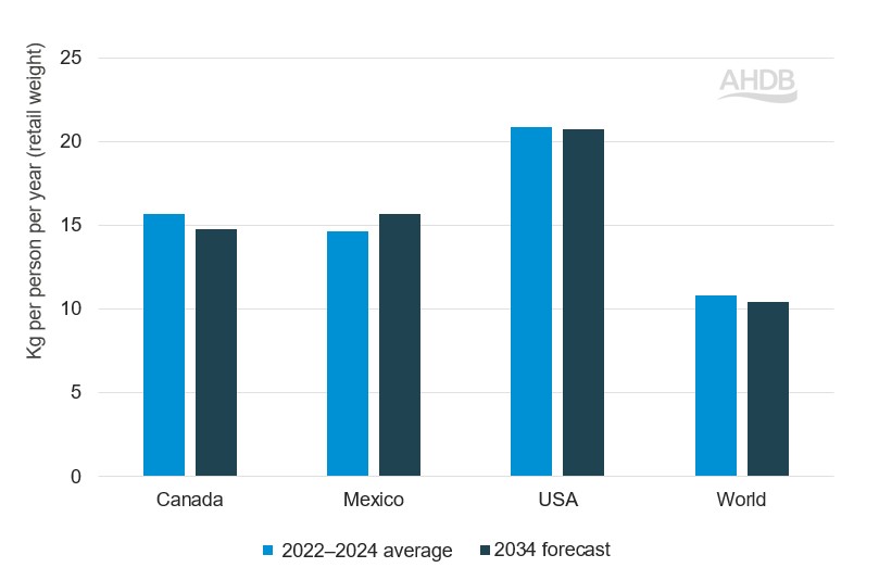 Bar graph showing pork consumption per capita in North America (2022-24 average and 2034 forecast)